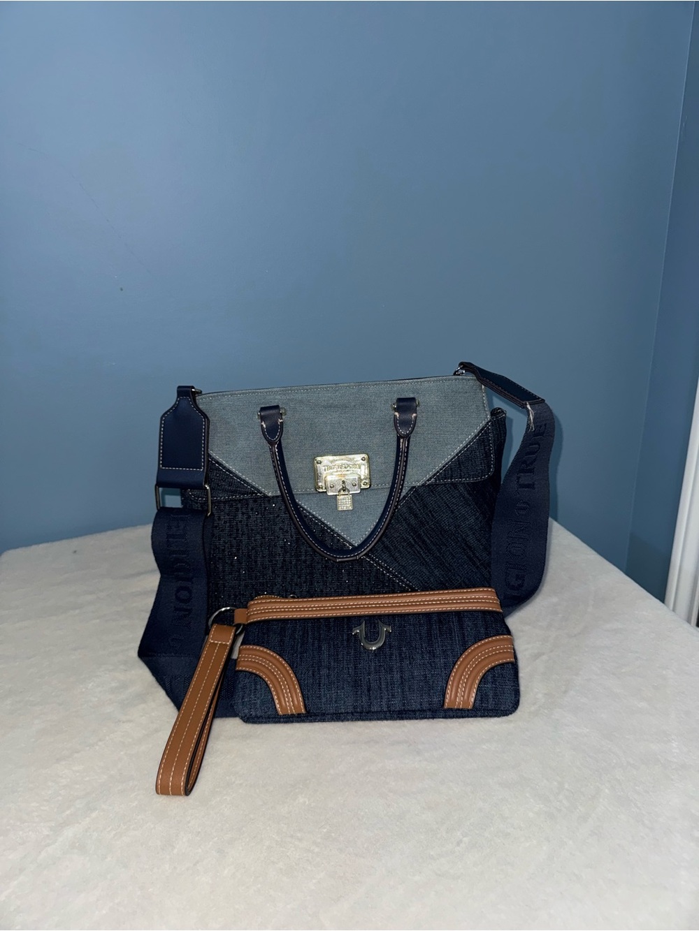 True Religion rhinestone denim crossbody bag & Wristlet